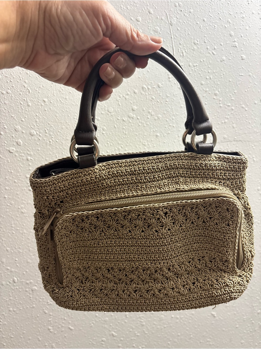 Worthington Beige Woven Satchel with Dark Brown Handles